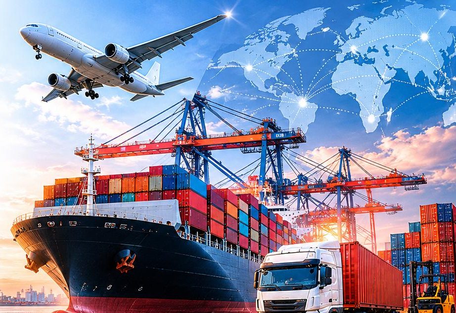 Container ship at port with cranes, aircraft overhead and a freight truck